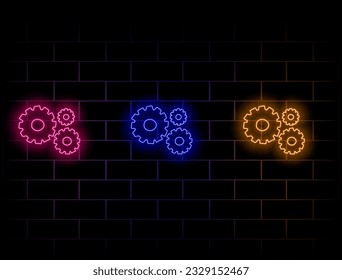 Gear neon icon. Bright neon settings sign, cogwheel in vivid color. Gear, tuning tool, application option, system setting. Icon set, sign, symbol for ui.