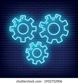 Gear neon pinion mechanism icon, concept engineering stuff object line flat vector illustration art, isolated on dark brickwork.