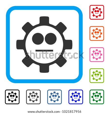 Gear Neutral Smiley icon. Flat grey pictogram symbol inside a blue rounded squared frame. Black, gray, green, blue, red, orange color variants of Gear Neutral Smiley vector.