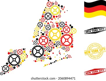 Gear New York City map collage and seals. Vector collage is created with mechanics elements in variable sizes, and Germany flag official colors - red, yellow, black.