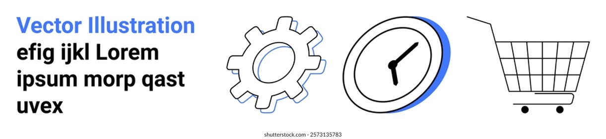 A gear next to a clock and a shopping cart on a white background Ideal, for e-commerce productivity time management online shopping and business Banner for landing page