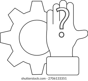 Gear next to a hand showing a question mark