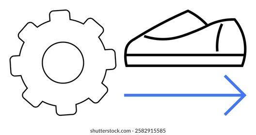 Gear next to a shoe with a blue arrow pointing right, suggesting movement and advancement. Ideal for manufacturing, productivity, engineering, business growth, automation, efficiency, logistics. Line