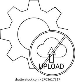 Engrenagem e uma nuvem sem sinal de carregamento com uma seta para cima e texto de UPLOAD riscado