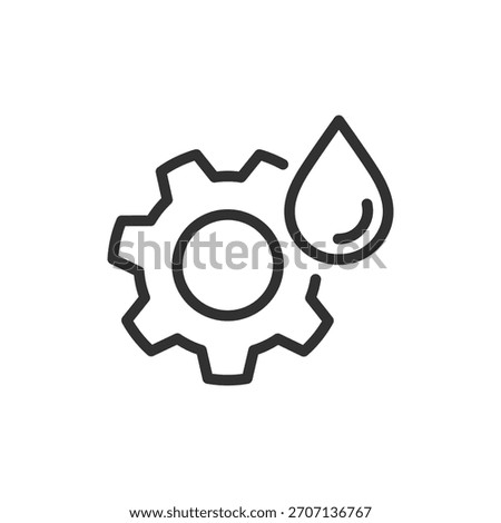 Gear with oil drop, linear icon. Machinery lubrication and maintenance. Line with editable stroke.
