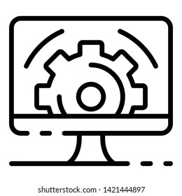 Gear on computer screen icon. Outline gear on computer screen vector icon for web design isolated on white background