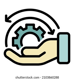 Gear on the palm icon. Outline gear on the palm vector icon color flat isolated