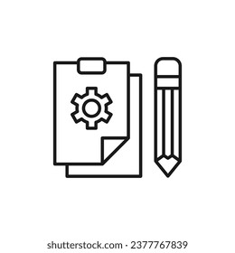 Gear on Paper with Pencil Isolated Line Icon. Perfect for web sites, apps, UI, internet, shops, stores. Simple image drawn with black thin line