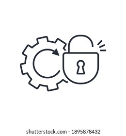 Gear and open lock. Available operations. Vector linear icon isolated on white background.
