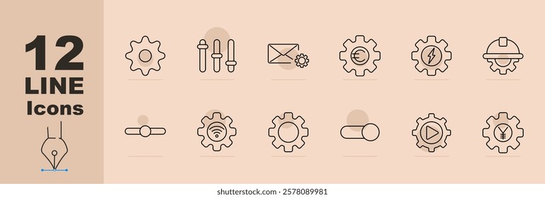 Gear optimization set icon. Slider cog, mail settings, finance gear, power cog, control toggles, Wi-Fi gear, player settings, currency settings. Advanced customization and process management