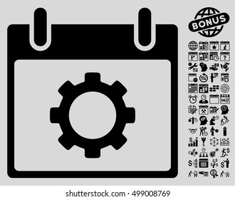 Gear Options Calendar Day icon with bonus calendar and time management icon set. Vector illustration style is flat iconic symbols, black, light gray background.