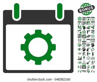 Gear Options Calendar Day pictograph with bonus calendar and time management images. Vector illustration style is flat iconic symbols, green and gray, white background.