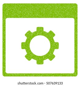 Gear Options Calendar Page grainy textured icon for overlay watermark stamps. Flat symbol with dust texture. Dotted vector eco green ink rubber seal stamp with grunge design on a white background.
