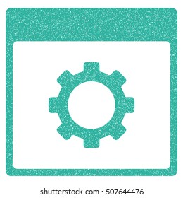 Gear Options Calendar Page grainy textured icon for overlay watermark stamps. Flat symbol with dirty texture. Dotted vector cyan ink rubber seal stamp with grunge design on a white background.