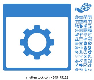 Gear Options Calendar Page icon with bonus calendar and time management graphic icons. Vector illustration style is flat iconic symbols, cobalt, white background.