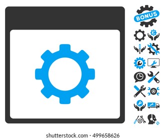 Gear Options Calendar Page pictograph with bonus service pictograph collection. Vector illustration style is flat iconic symbols, blue and gray, white background.