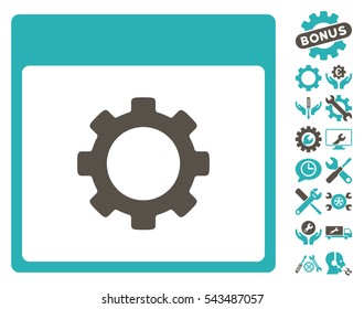 Gear Options Calendar Page pictograph with bonus setup tools icon set. Vector illustration style is flat iconic symbols, grey and cyan, white background.