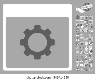 Gear Options Calendar Page pictograph with bonus calendar and time management symbols. Vector illustration style is flat iconic symbols, dark gray and white, silver background.