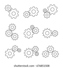 Gear outline flat set. Mechanisms meshing together, getting power through team rotation. Vector flat style illustration isolated on white background