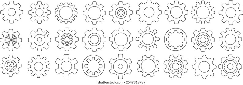 Conjunto de ícones de contorno de engrenagem, vetor de linha de engrenagem em várias formas, projetos de roda dentada mecânica e símbolos de engenharia para tecnologia, indústria, automação e conceitos de máquinas em estilo sem costura