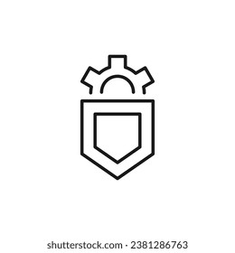 Zahnrad über Schild Symbol isolierte Linie. Ideal für Webseiten, Apps, UI, Internet, Shops, Läden. Einfaches Bild in schwarz-dünner Linie