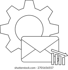 A gear overlaps a sealed envelope next to a downwardtrending bar graph with a declining arrow