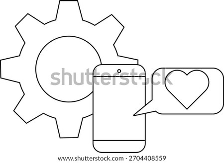 A gear overlaps a smartphone with a heart message bubble black outline on white