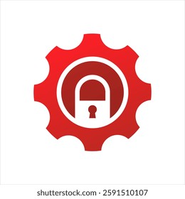 Gear and padlock logo, combining security with mechanical efficiency. Ideal for security systems, tech, or industrial brands. Bold red conveys strength and urgency. Simple, versatile, and memorable.