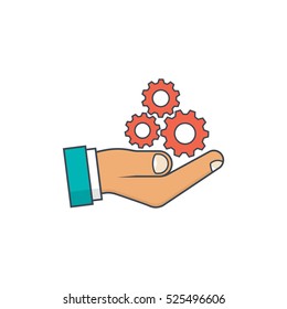 Gear in palm businessman. Cogwheel mechanism of holding in hand men. Vector illustration minimal outline flat design. Isolated on white background.