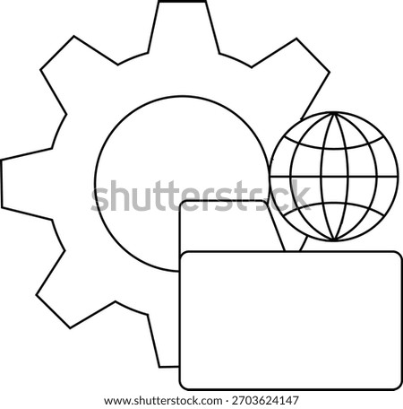 A gear partially covers a folder with a globe sitting atop the folders corner