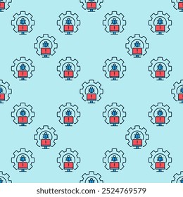 Gear with PC Bug colored seamless pattern - Computer Virus vector concept background