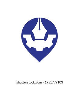 Gear and pen with pinpoint vector logo design. Unique law and industrial logotype design template.