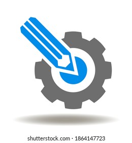 Gear with pencil icon vector. Customization symbol. Configuration, Project Settings Sign. Drawing Construction Design Industry Logo. Engineering Illustration.