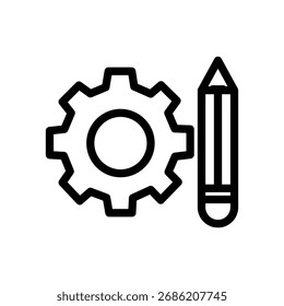 Ícone da linha da engrenagem e do lápis, processo criativo e símbolo de configurações, estilo de contorno simples no fundo branco