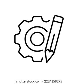 Gear with pencil line icon. Draw, drawing, project, architecture, engineering, engineer, architect, construction, model, design, plan, settings, fix, repair. Technology concept. Vector line icon