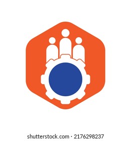 Plantilla de diseño del logotipo de vectores de engranajes y personas. Logo del icono de la gente con equipo para su empresa y negocio.