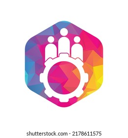 Plantilla de diseño del logotipo de vectores de engranajes y personas. Logo del icono de la gente con equipo para su empresa y negocio.
