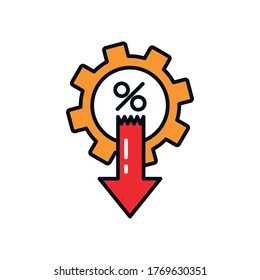 gear with percentage symbol and arrow down icon over white background, line and fill style, vector illustration