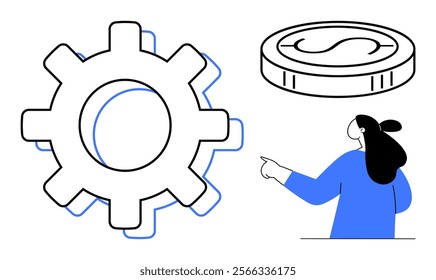 Gear, person pointing, and coin symbolize teamwork and efficiency in financial management using technology. Ideal for finance, teamwork, technology, efficiency, and business strategies. Minimalist