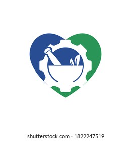Farmacia de engranajes con diseño del logo del vector del corazón. Concepto de logotipo de salud mecánica.	