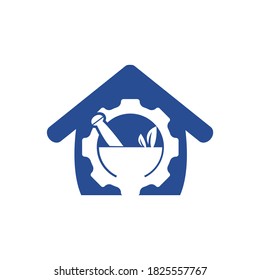 Farmacia de engranajes con el diseño del logo del vector del hogar. Concepto de logotipo de salud mecánica.	
