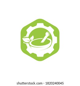 Diseño del logotipo vectorial de la farmacia de engranajes. Concepto de logotipo de salud mecánica.	