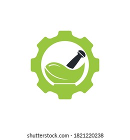 Diseño del logotipo vectorial de la farmacia de engranajes. Concepto de logotipo de salud mecánica.