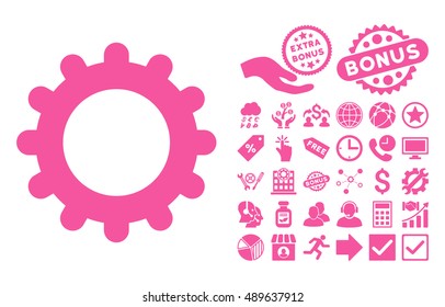 Gear pictograph with bonus pictograph collection. Vector illustration style is flat iconic symbols, pink color, white background.