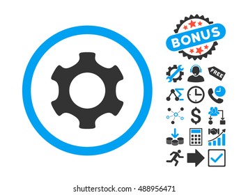 Gear pictograph with bonus design elements. Vector illustration style is flat iconic bicolor symbols, blue and gray colors, white background.