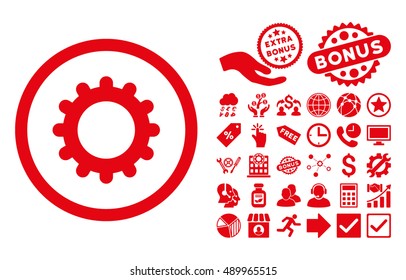 Gear pictograph with bonus design elements. Vector illustration style is flat iconic symbols, red color, white background.