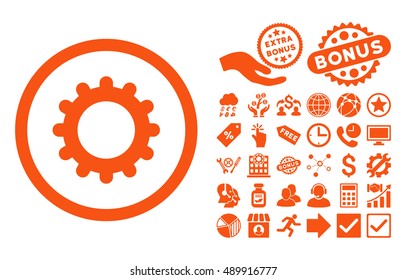 Gear pictograph with bonus elements. Vector illustration style is flat iconic symbols, orange color, white background.