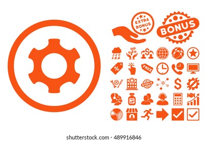 Gear pictograph with bonus pictures. Vector illustration style is flat iconic symbols, orange color, white background.