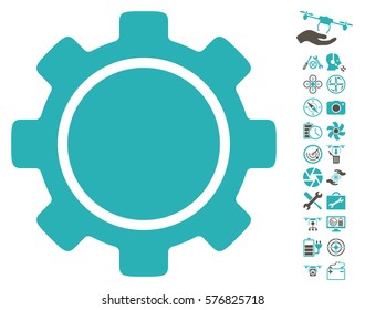 Gear pictograph with bonus quad copter service pictures. Vector illustration style is flat iconic grey and cyan symbols on white background.