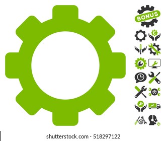 Gear pictograph with bonus settings graphic icons. Vector illustration style is flat iconic eco green and gray symbols on white background.